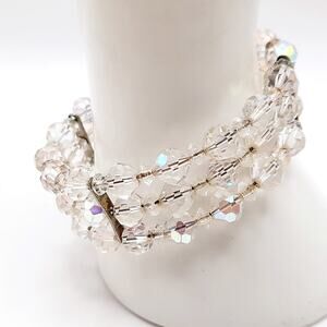 Vintage 1950s Aurora Borealis Crystal Beaded Bracelet, 3-Row Memory Wire Jewelry